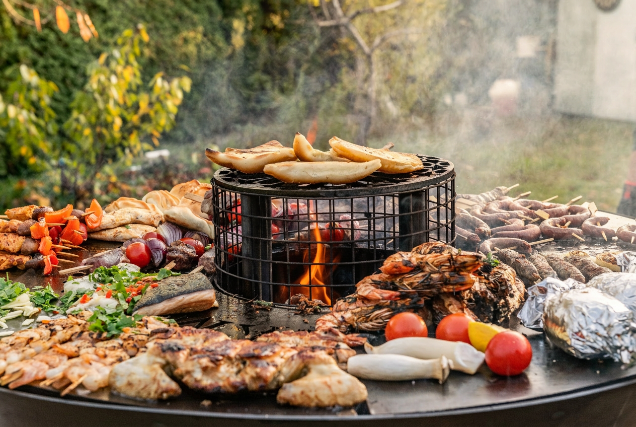 Chef beim Würzen von Lachs und Garnelen am Outdoor-Grill