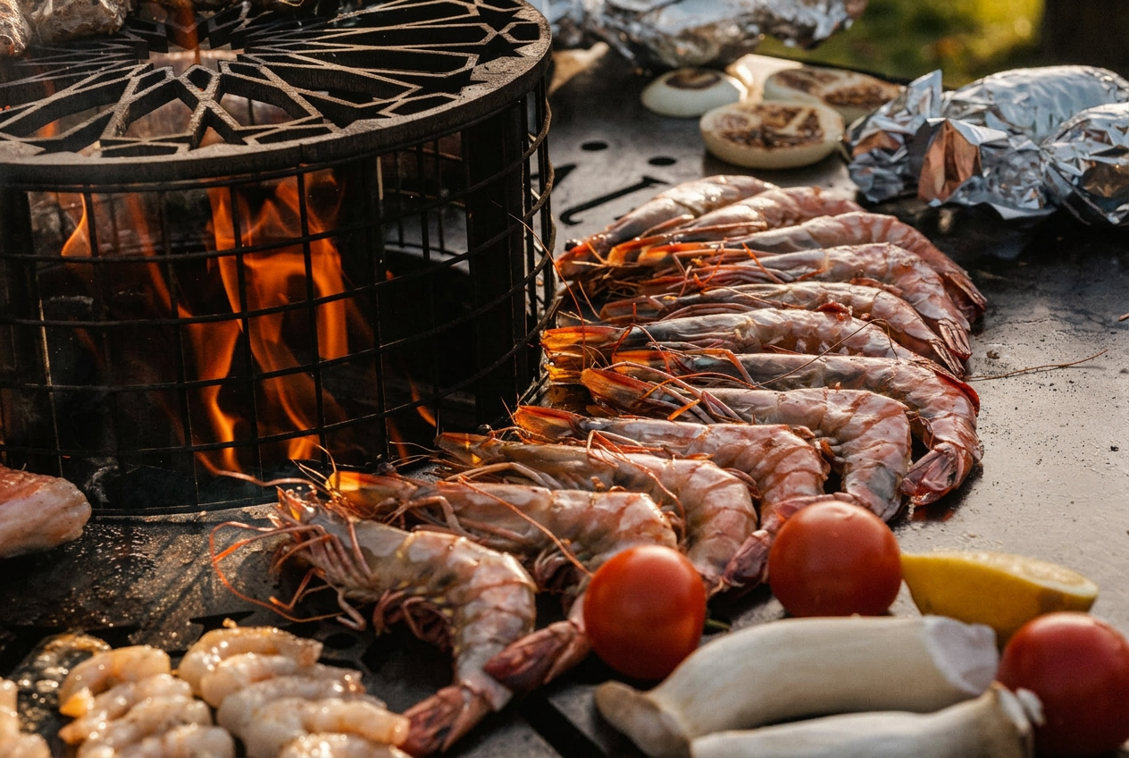 Riesengarnelen mit Tomaten, Zitrone und Flammen am offenen Feuer